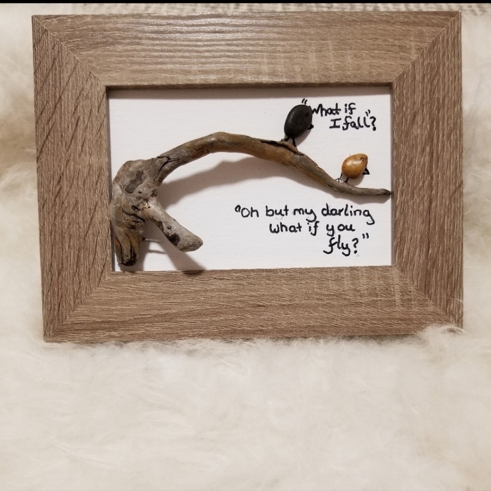 Because U Rock framed pebble & drift wood bird art